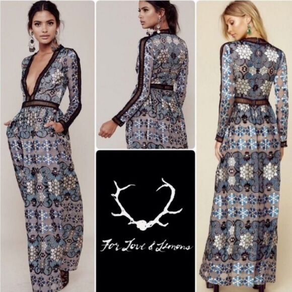 NWT‎ For Love & Lemons Juliet Floral  Lattice Trim A-line Semi Sheer Maxi Dress - Picture 8 of 15